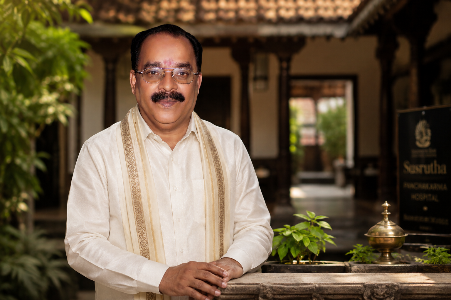 Vintage Ayurvedic master sorting dried herbs in traditional courtyard
